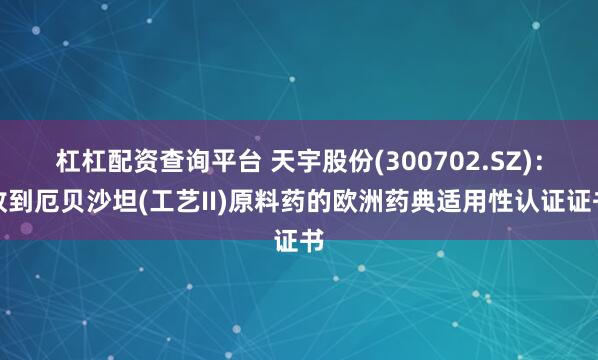 杠杠配资查询平台 天宇股份(300702.SZ)：收到厄贝沙坦(工艺II)原料药的欧洲药典适用性认证证书